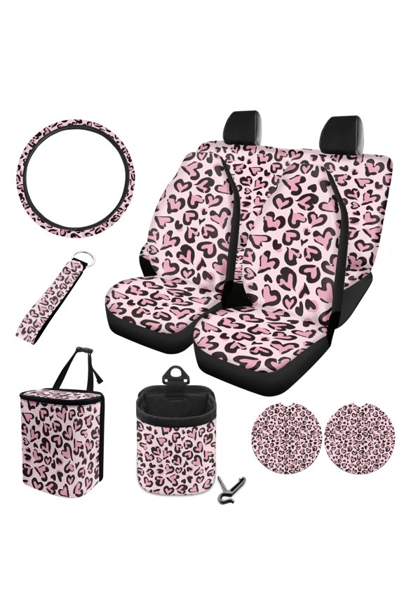 Leopard Heart Print Car Seat Covers Full Sets of 10 Waterproof Steering Wheel Cover, Car Air Vent Storage, Car Garbage Can, Cup Coaster, Lanyard Keychain for Vehicle SUV Truck