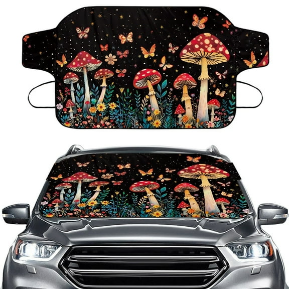 FORUDESIGNS Mushroom Butterfly Flower Print Car Windshield Snow Cover, Auto Windshield Cover for ice and Snow, Freeze Protector for Auto Ice Windproof UV Sunshade Cover for SUVs, Vans