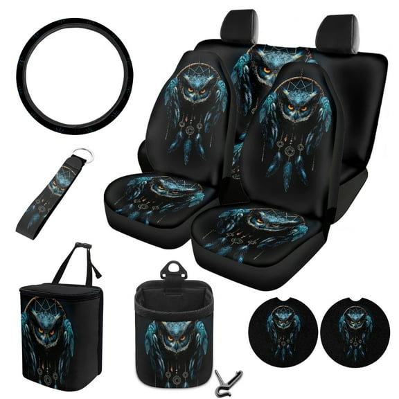 FORUDESIGNS Owl Dreamcatcher Print Car Seat Covers Full Set of 10 Elastic Front Rear Seat Covers, Vehicle Trash Bin, Steering Wheel Cover, Air Vent Pouch, Coasters, Keychain for Auto Interior