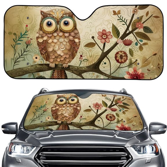 FORUDESIGNS Owl Floral Print Car Windshield Sunshade, Heat UV Protection Visor, Foldable Auto Front Window Sun Shade for Small Sedans, Mini SUVs, Hatchbacks (57.1"×27.4")