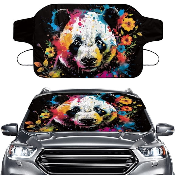 FORUDESIGNS Panda Paint Splatter Pattern Car Windshield Cover For Ice and Snow Frost Windshield Protector for SUVs Sedans Trucks Portable All-Weather Auto Windscreen Covers with Straps