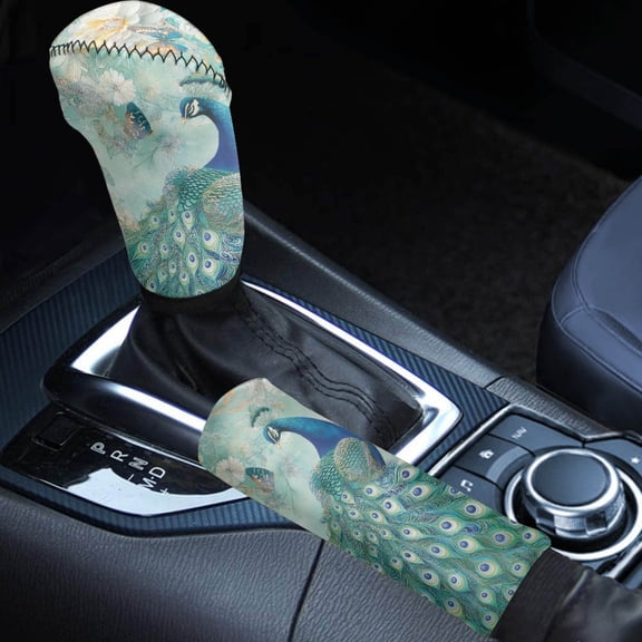 FORUDESIGNS Peacock Pattern 2 PCS Car Handbrake Cover Gear Shift Cover Set Smooth Comfortable Car Handle Level Stick Knob Cover Universal Case Sleeve Hand Protector Auto Decoration
