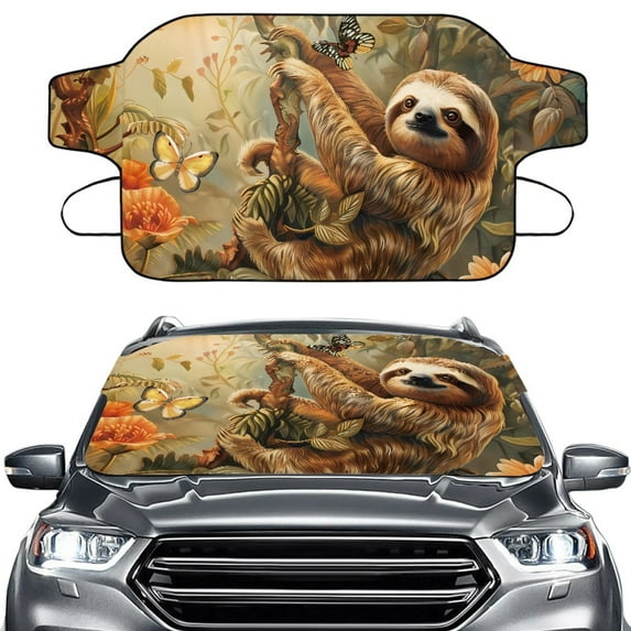 FORUDESIGNS Sloth Butterfly Flower Print Car Windshield Snow Cover for Ice and Snow Heavy-Duty Auto Windshield Protector All-Season Windscreen Covers Fits for Sedans SUVs Ideal Winter Gift