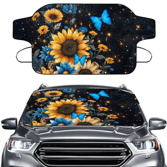FORUDESIGNS Sunflower Butterfly Star Print Car Windshield Cover for Ice and Snow, Heavy-Duty Car Windshield Cover, All-Weather Car Frost Ice Shield Protection Winter Vehicle Accessories