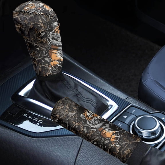 FORUDESIGNS Tiger Camo Pattern 2pcs Car Gear Shift Cover Auto Handbrake Cover Wear-Resistan Auto Shift Lever Handle Protector Universal Car Interior Accessories for Women Gift