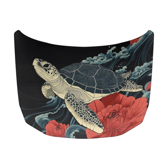 FORUDESIGNS Turtle Peony Sea Wave Pattern Car Hood Cover Polyester Car Bonnet Banner Weather-Resistant Can be Washed Car Hood Protector Vehicles Decorate Accessories