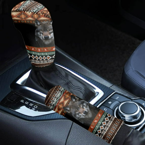FORUDESIGNS Wolf Amercian Tribal Print Car Handbrake Cover Gear Shift Knob Cover Set, Non-Slip Auto Gear Shift Cover Set, Universal Car Accessories Set for Truck SUV, Set of 2