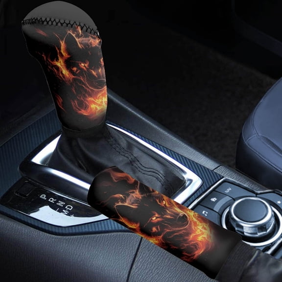 FORUDESIGNS Wolf Fire Pattern 2 Pcs Auto Gear Shift Cover + Handbrake Protectors Decoration Elastic Car Shift Lever Handle Protector Universal Car Accessories Fit for SUV Sedan Van