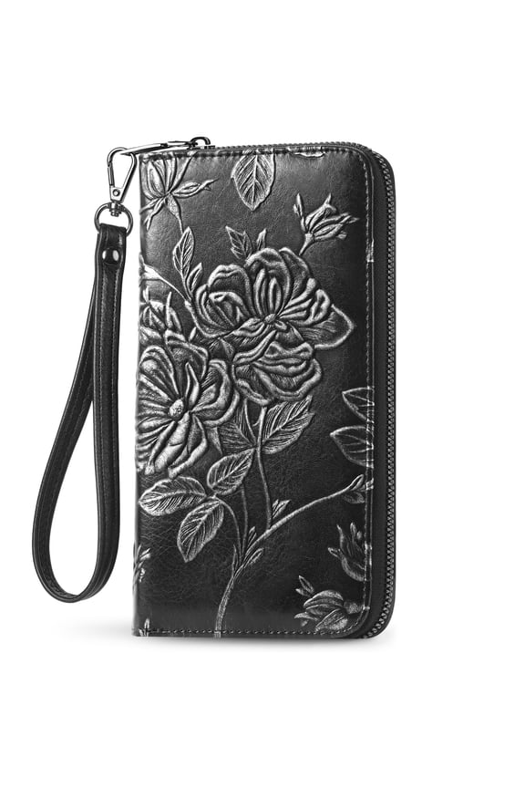 Wallet Women RFID Credit Card Holder Embossed Vegan Leather Large Capacity Black Wristlet Wallets for Women A101