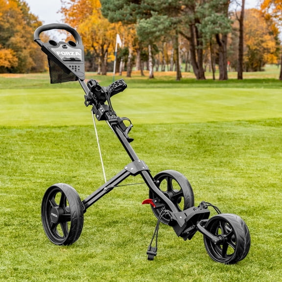 FORZA 3 Wheel Golf Trolley, Lightweight Folding Golf Push Cart with Adjustable Handle, Foot Brake and Umbrella Holder