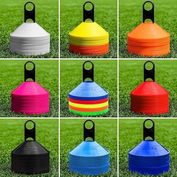 FORZA Multi-Sport Training Marker Cones – Set of 50 or 1000 in 8 Vibrant Colors, Featuring Durable and Portable – Includes Convenient Storage with Holder