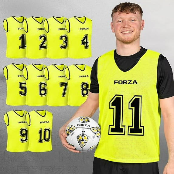 FORZA Premium Numbered Training Bibs | Numbered Team Sports Pinnies - High Vis Training Vests (Fluro Yellow, Adult S/M, Numbered 1-11)