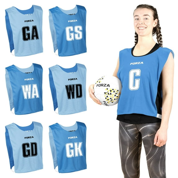 FORZA Reversible Netball Bibs – Dual-Color Team Bibs with Official Position Markings, Breathable Mesh & Elastic Straps – Set of 17