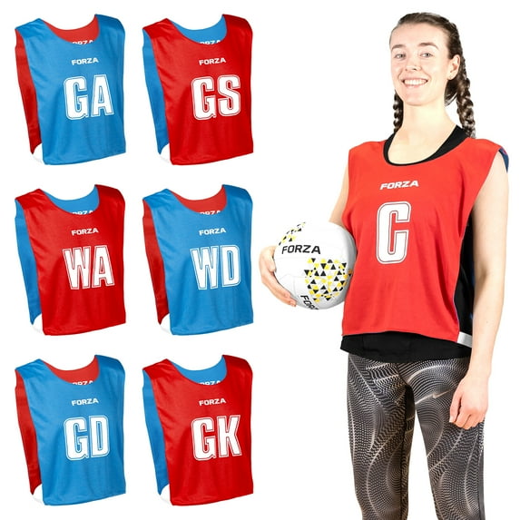 FORZA Reversible Netball Bibs – Dual-Color Team Bibs with Official Position Markings, Breathable Mesh & Elastic Straps – Set of 7