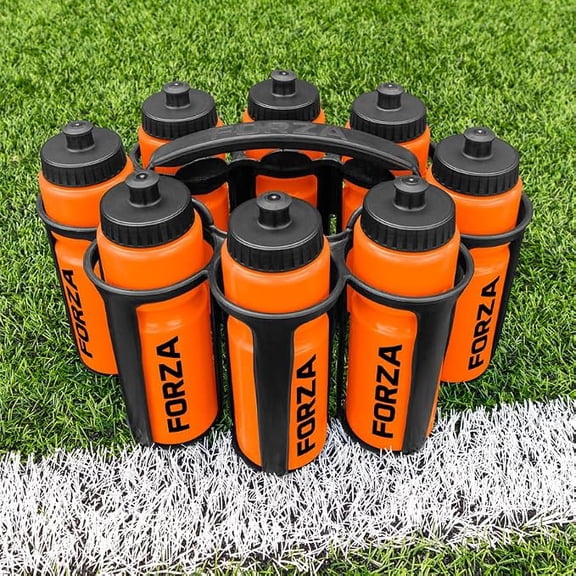 FORZA Water Bottles + Carrier Set [8x Bottles] | Hygiene [1L] or Sports Bottle [750ml] with Stackable Carrier for Soccer Rugby Training Gym & Teams