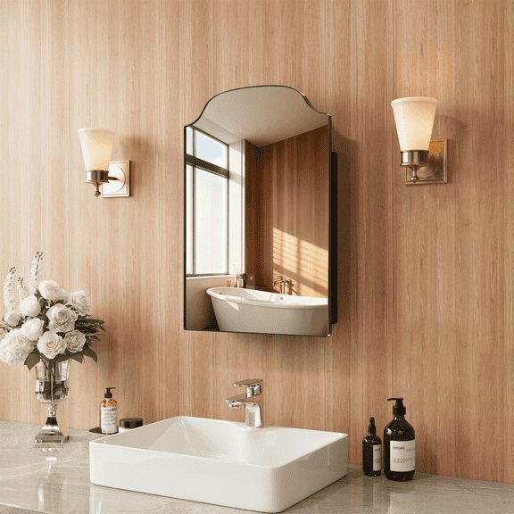 FORZIRAX 16"x24" Arched Bathroom Medicine Cabinet with Mirror, Wall Mounted Recessed/Surface Mount Storage Cabinet, Black Metal Frame, Easy Installation for Bathroom Vanity