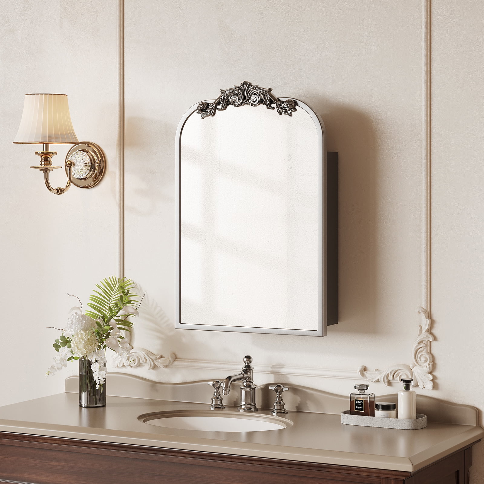 FORZIRAX 16"x24" Vintage Arched Medicine Cabinet with Mirror, Wall Mounted Bathroom Storage with Recessed/Surface Mount Options, Baroque Retro Design, Silver Metal Frame,Easy Install Mirror Cabinet