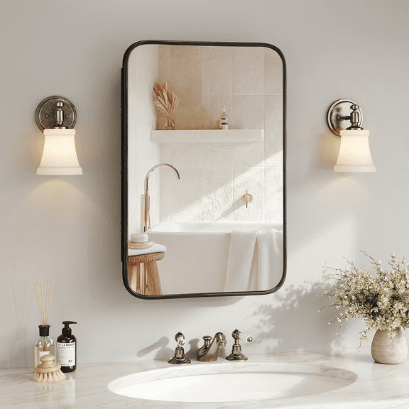 FORZIRAX 20"x30" Vintage Rectangle Medicine Cabinet with Mirror, Wall Mounted Bathroom Storage with Recessed/Surface Mount Options, Black Metal Frame with Distressed Finish, Easy Installation