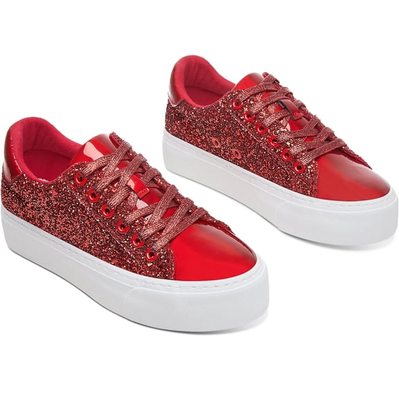 FOSDUO Women's Glitter Platform Sneakers Bling Thick Sole Rhinestone Sequin Lace-Up Non-Slip Breathable Casual Shoes for Wedding Party Daily Wear(Red Glitter,US10)
