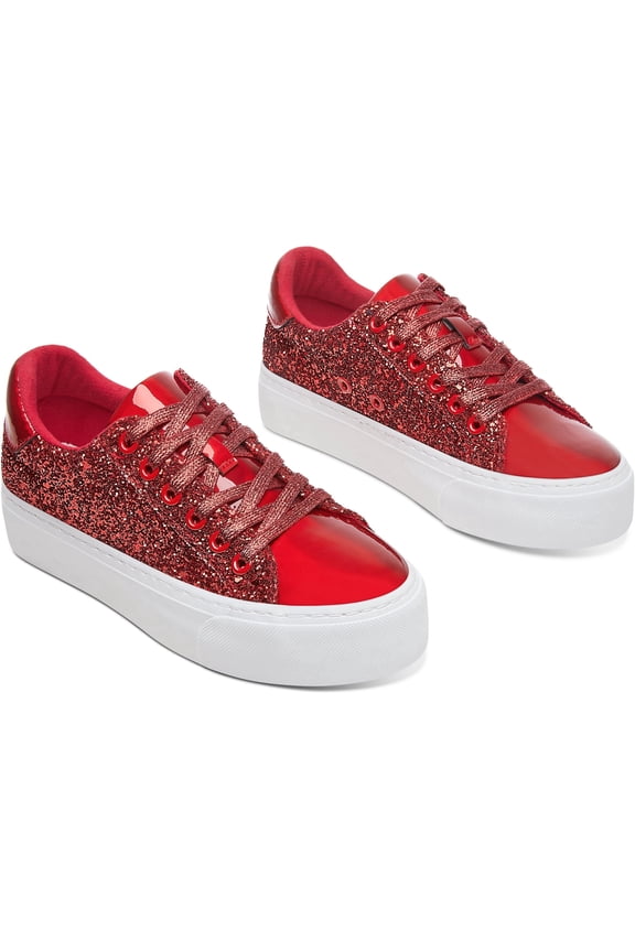 Women's Glitter Platform Sneakers Bling Thick Sole Rhinestone Sequin Lace-Up Non-Slip Breathable Casual Shoes for Wedding Party Daily Wear(Red Glitter,US5)
