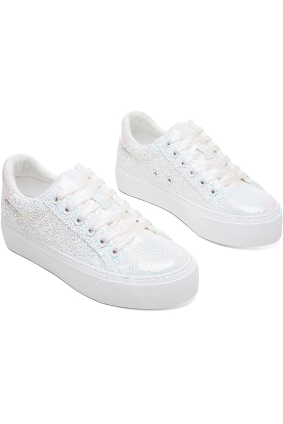 Women's Glitter Platform Sneakers Bling Thick Sole Rhinestone Sequin Lace-Up Non-Slip Breathable Casual Shoes for Wedding Party Daily Wear(White Glitter,US9)
