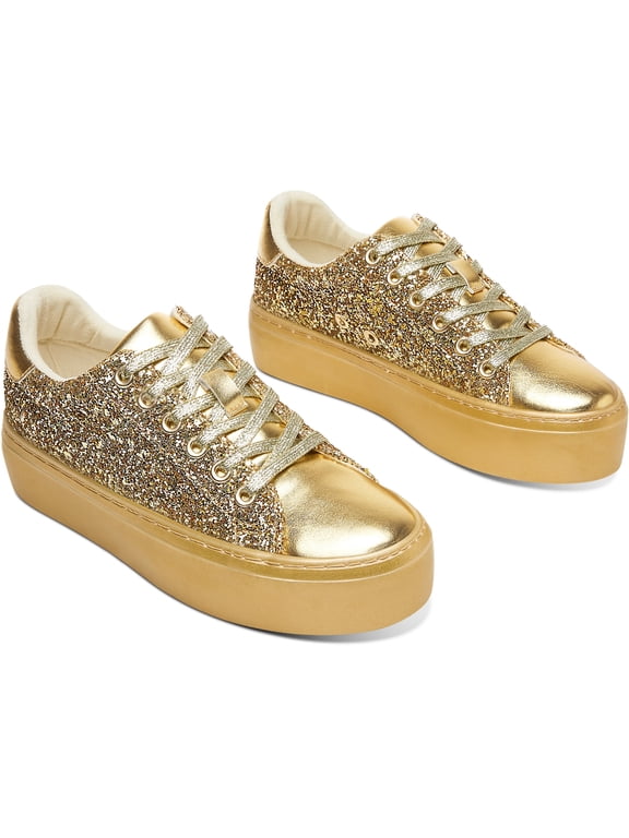 Women's Glitter Platform Sneakers Bling Thick Sole Rhinestone Sequin Lace-Up Non-Slip Breathable Casual Shoes for Wedding Party Daily Wear(Gold Glitter,US10)
