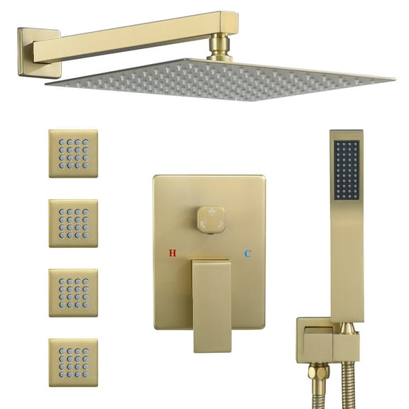 FOSES Rain Shower System with 4 Body Shower Spray Jets & 12'' Rainfall Shower & Hand Shower, Brushed Gold Full Body Shower Faucet
