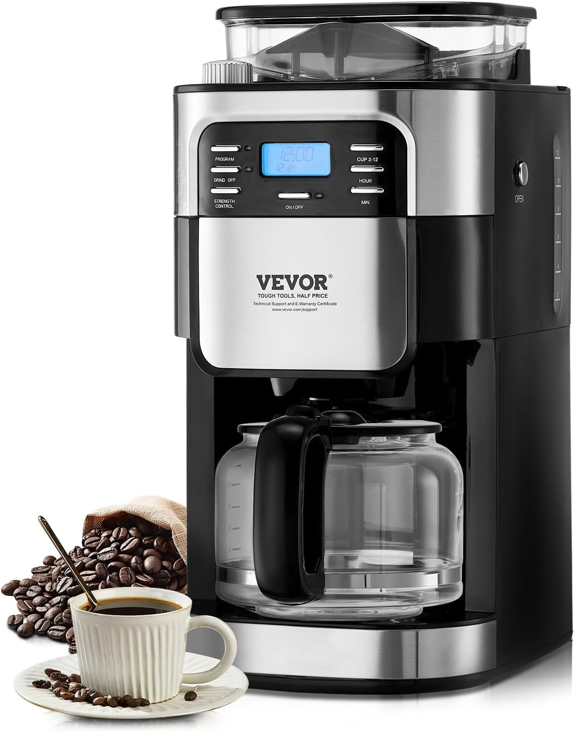FOSH Coffee Maker with Grinder, 12 Cup Coffee Machine, Grind and Brew Coffee Maker with 3 Brew Strength Control, 24-Hour Timer for Auto Brew, for Home Office Restaurant