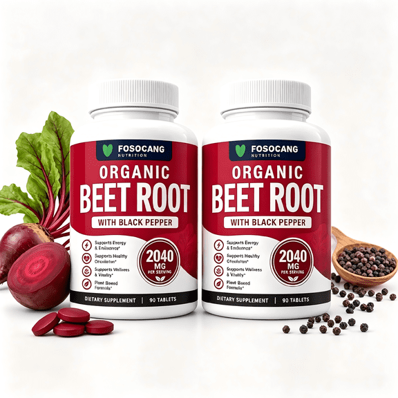 FOSOCANG Organic Beet Root Tablets 2040mg with Black Pepper,PlantBased,Energy & Circulation Wellness Support,2PACKS