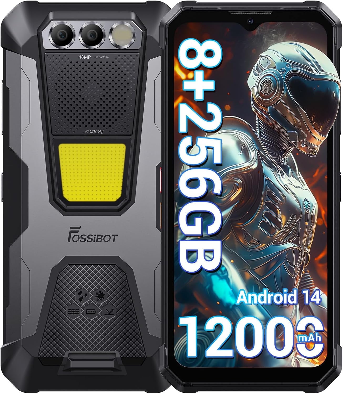 FOSSiBOT F106 Pro Unlocked Rugged Phone, 12000mAh Battery 48MP Night Vision, 15GB + 256GB Storage, Android 14, 110dB / Camp Light /IP68/IP69K/ 4G / Dual SIM/NFC（2025 Grey）