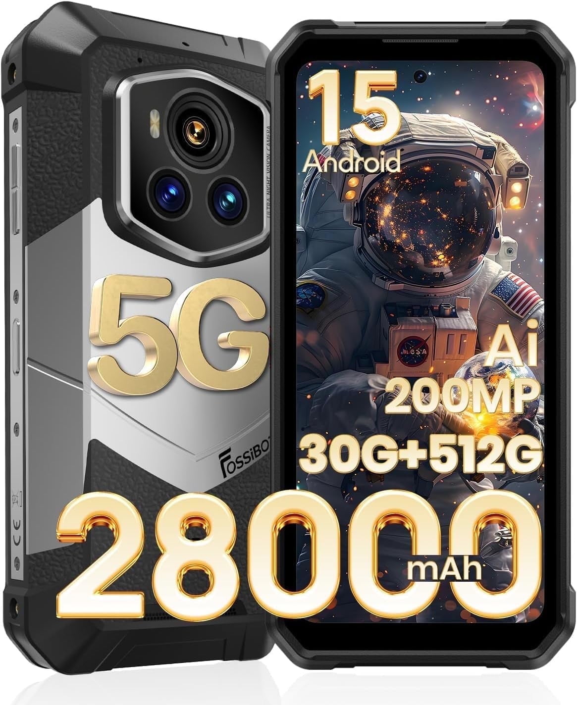 FOSSIBOT Rugged Phone F107 Pro Unlocked 5G, 30GB+512GB/2TB Rugged Smartphone, 6.95''FHD+ 120Hz Display, 28000mAh Android 15 Starlight Night Vision NFC