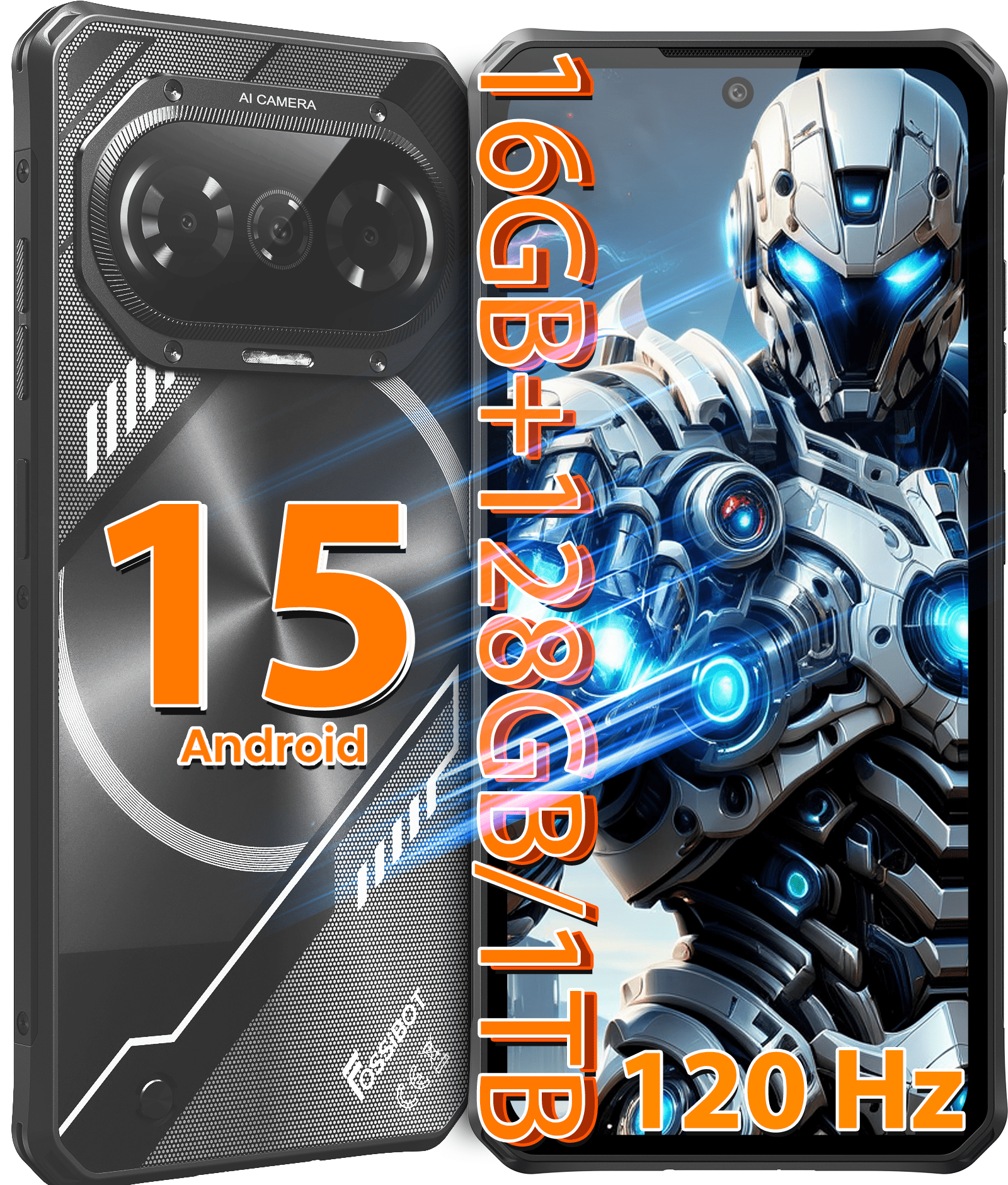 FOSSIBOT F114 Rugged Phone Unlocked Android 15, 16GB+128GB, 50MP AI Camera, 5000mAh Battery, Dual SIM 4G Mobile Phone,Triple Slot/NFC/Face ID/GPS