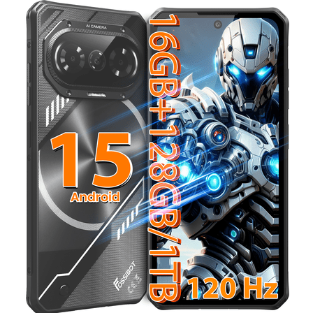 FOSSIBOT F114 Rugged Phone Unlocked Android 15, 16GB+128GB, 50MP AI Camera, 5000mAh Battery, Dual SIM 4G Mobile Phone,Triple Slot/NFC/Face ID/GPS