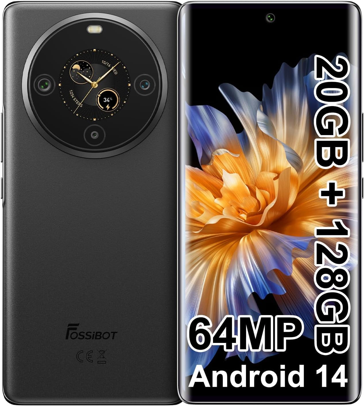 FOSSIBOT S3 Pro Unlocked Smartphone, 6.67" AMOLED Curved Display+1.09'' Rear Display 4G Cell phone, Android 14 Phone,20GB+128GB/1TB,5000mAh Battery Smartphone,Face&Fingerprint Unlocked Black