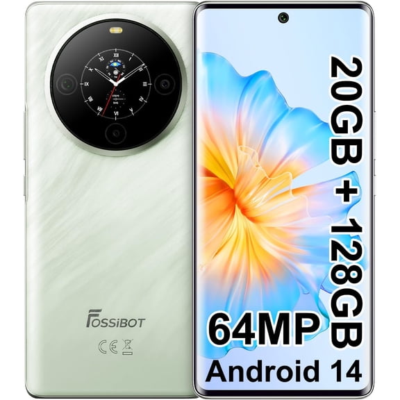 FOSSIBOT S3 Pro Unlocked Smartphone, 6.67" AMOLED Curved Display+1.09'' Rear Display 4G Cell phone, Android 14 Phone,20GB+128GB/1TB,5000mAh Battery Smartphone,Face&Fingerprint Unlocked,Green