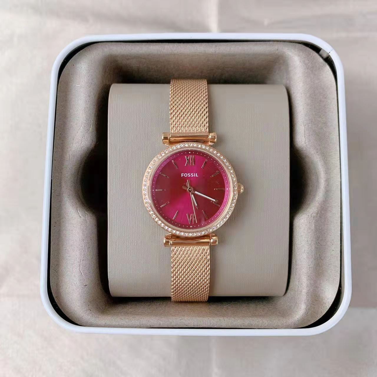 FOSSIL ES5011 CARLIE ROSE GOLD STAINLESS STEEL MESH STRAP WOMEN