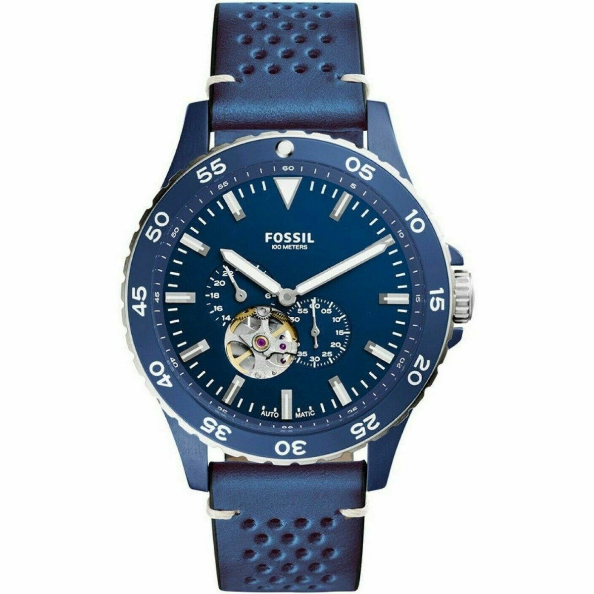 FOSSIL ME3149 CREWMASTER SPORT AUTOMATIC BLUE LEATHER MEN 