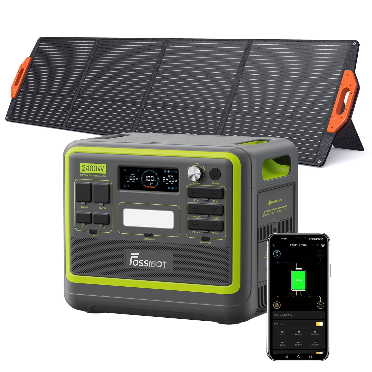 FOSSiBOT 2400W Solar Generator, 2048Wh Portable LFP Battery Power Station with 200W Solar Panel for Camping Home Backup RV