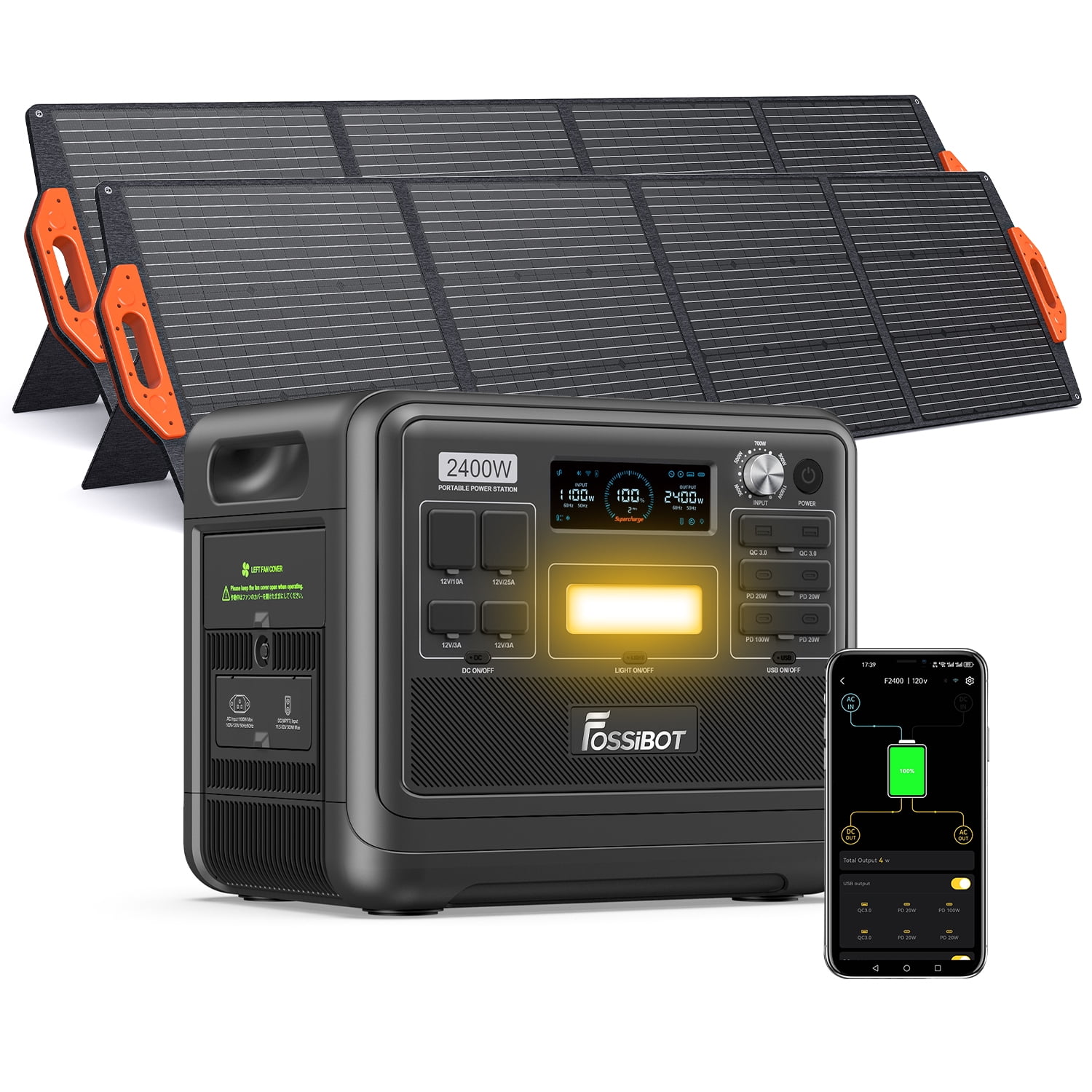 FOSSiBOT F2400 2400W (4800W Peak)Portable Power Station 2048Wh LFP + 400W Solar Panel,2048Wh Solar Generator with 1100W AC & 500W Solar Charging,APP Control, 1.5H Fast Charging,for home RVs