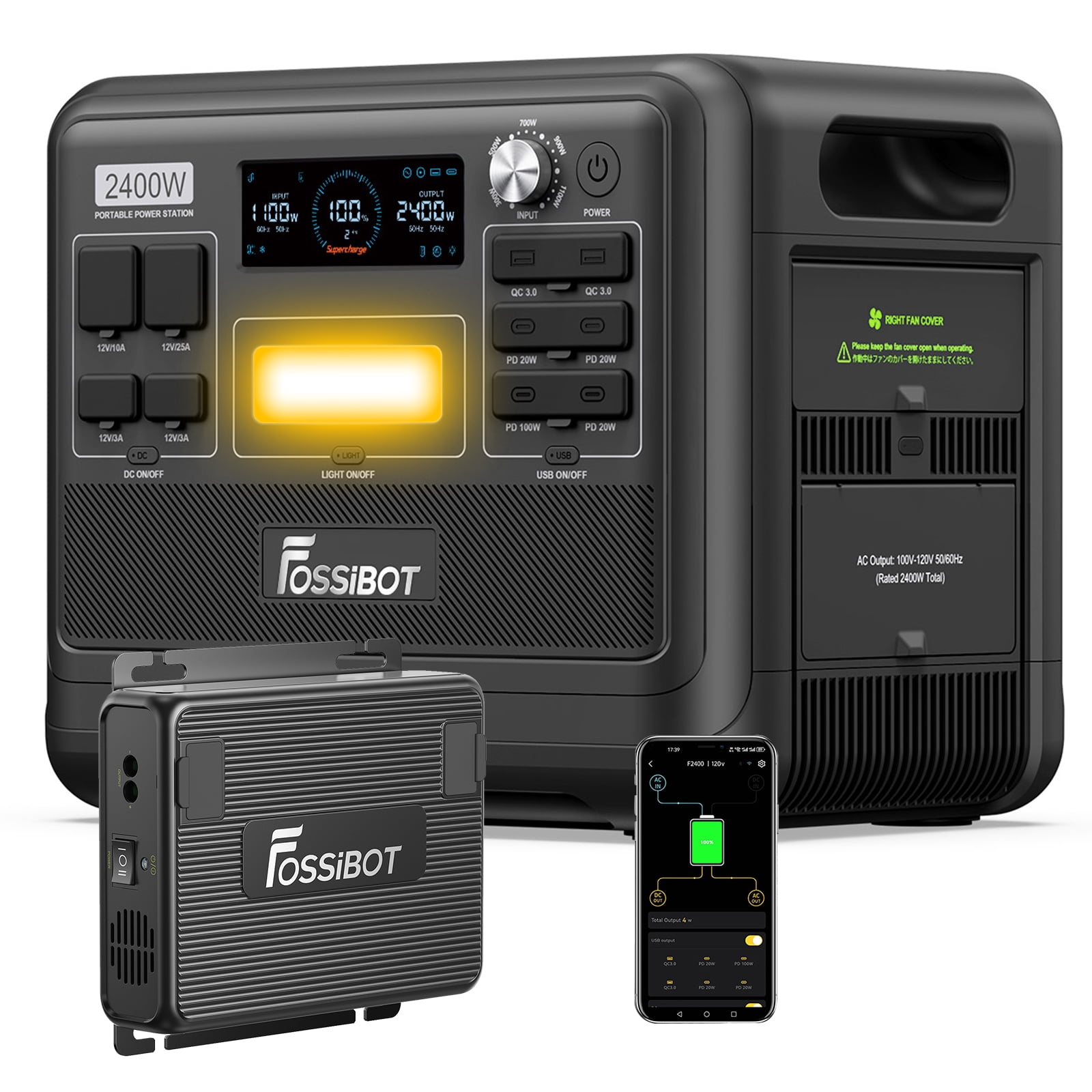 FOSSiBOT F2400 2400W (4800W Peak)Portable Power Station 2048Wh LFP + 580 W Battery Charger,2048Wh LiFePO4 Battery Solar Generator with 1100W AC & 500W Solar Charging,1.5H Fast Charging,for Home RVs
