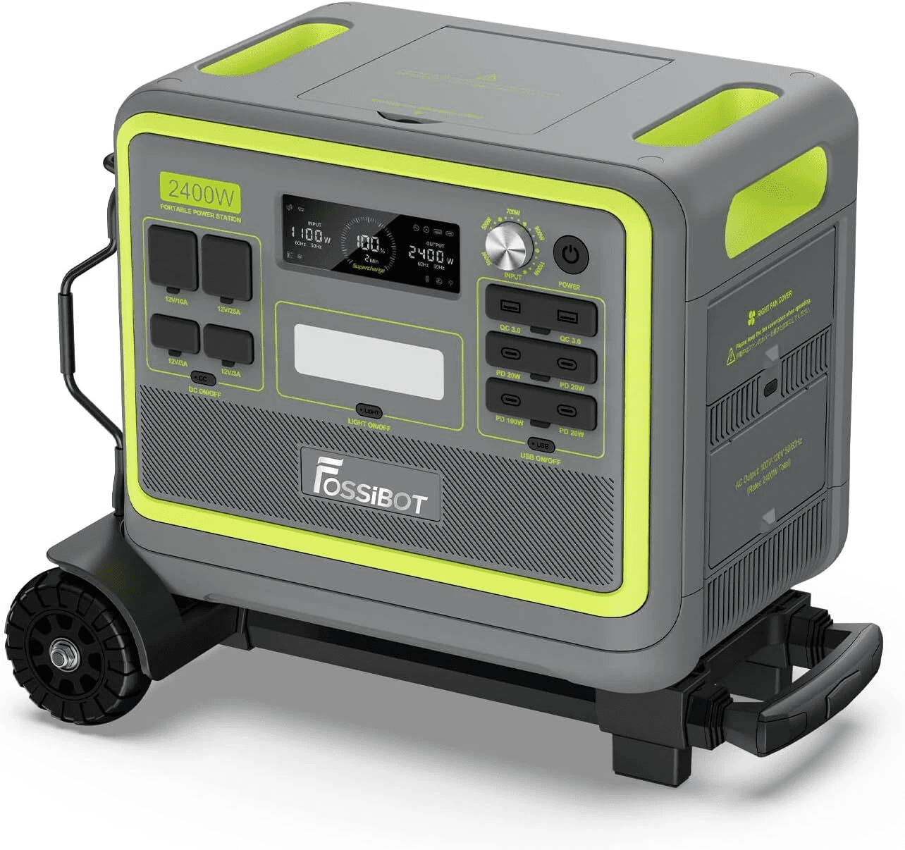 FOSSiBOT F2400 Portable Power Station 2400W (4800W Peak) with Hand Truck,2048Wh LiFePO4 Battery Solar Generator with 1100W AC & 500W Solar Charging,APP Control, 1.5H Fast Charging,for Home Backup