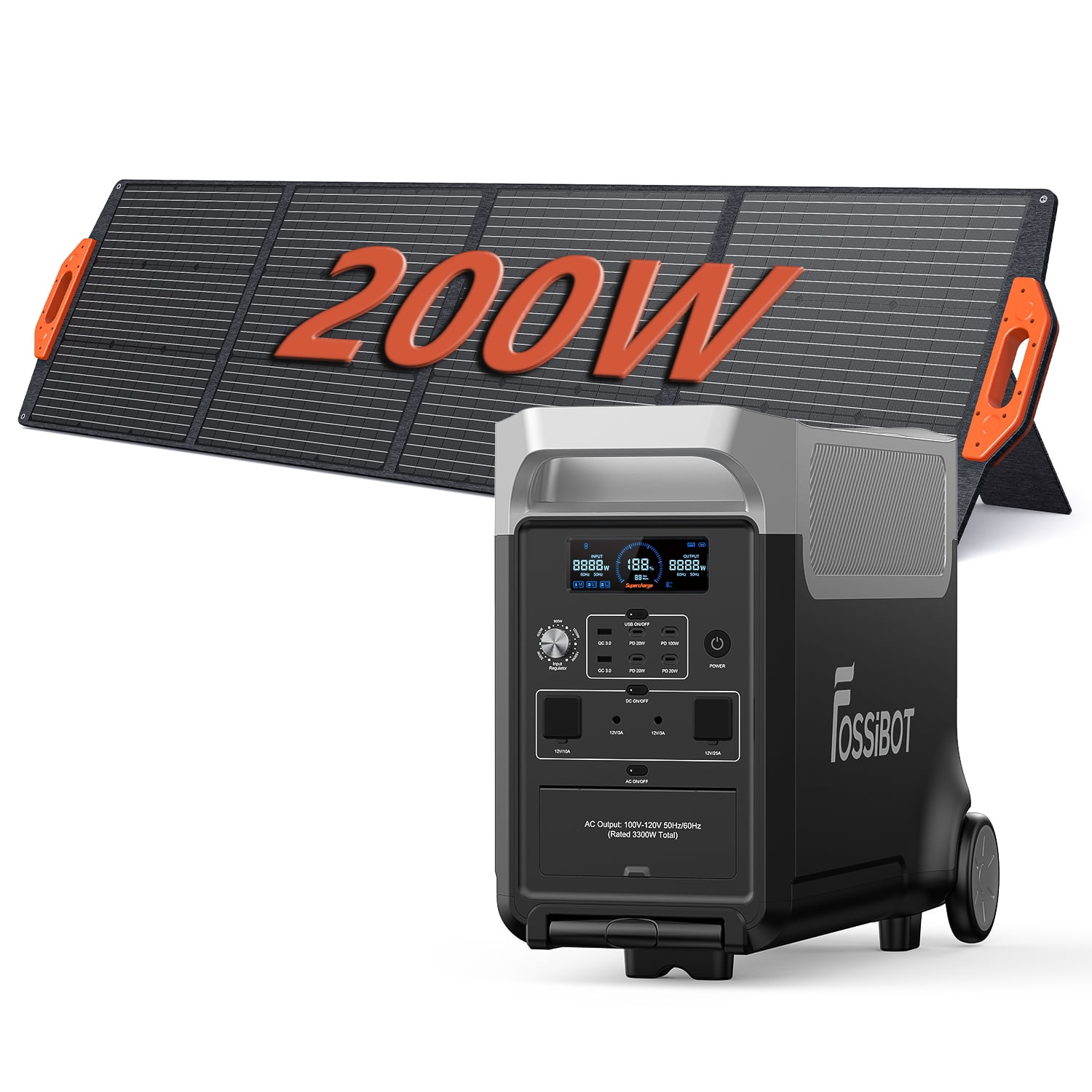 FOSSiBOT F3600 PRO 3600W Portable Power Station 3840Wh Solar Generator + 200W Solar Panel,3600W AC Output for Outdoor Camping,Home Backup,Emergency,RV,off-Grid