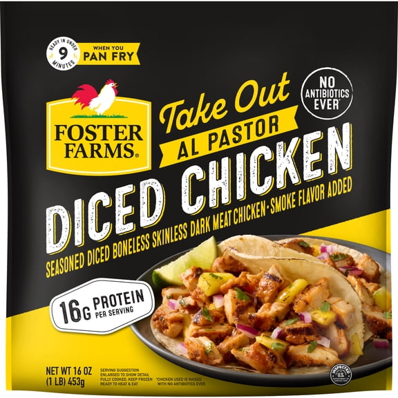 Foster Farms Take Out Al Pastor Diced Fully Cooked Boneless Skinless Chicken Thighs, Frozen, 1 lb Bag