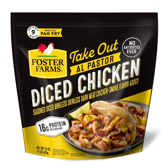 Foster Farms Take Out Al Pastor Diced Fully Cooked Boneless Skinless Chicken Thighs, Frozen, 1 lb Bag