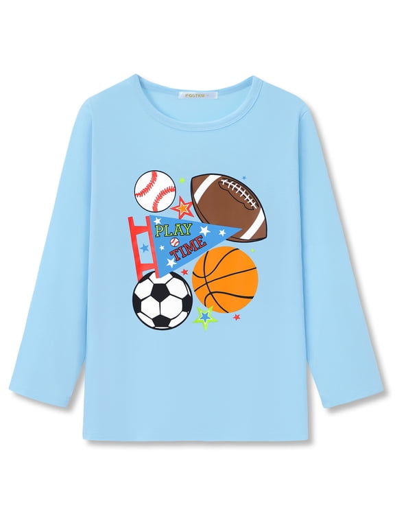 FOSTKU Boys' Crewneck Long Sleeve T-Shirt – Light Blue "PLAY TIME" Sports Graphic Daily Wear Tee, Size 6