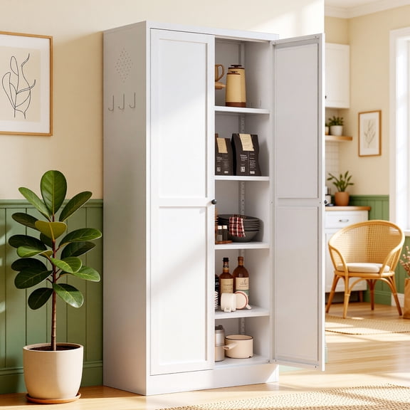 FOSTOKO 61" Kitchen Pantry Storage Cabinet, Metal Cupboard with 4 Adjustable Shelves, White