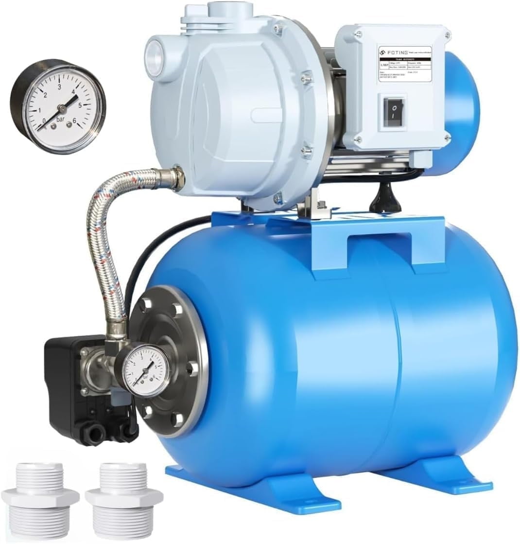FOTING 1.5HP Shallow Well Pump 1340GPH 164ft Lift 5Gal Pressure Tank Automatic Irrigation Water Booster Jet Pump 115V Blue