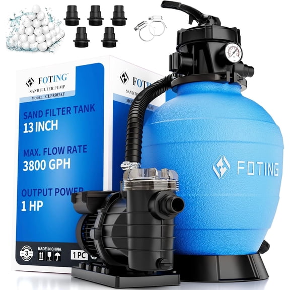 FOTING 13" 1HP 3800GPH Above Ground Pool Sand Filter Pump with 24H Timer & 7-Way Valve, Up to 13,000 Gallons