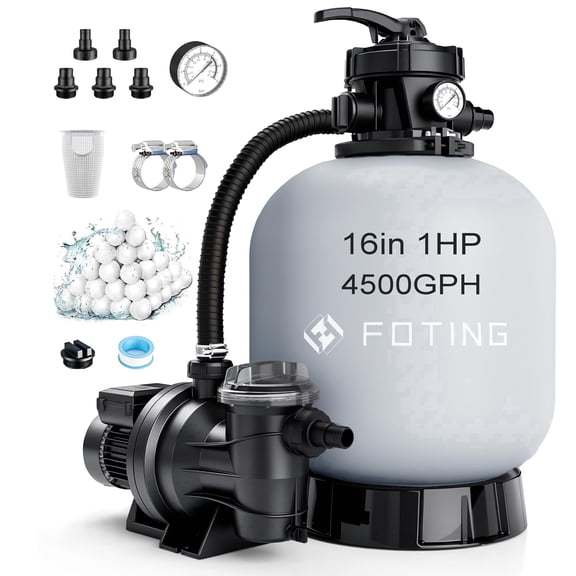 FOTING Sand Filter Pump 16in 1HP 4500GPH for Above Ground Pool with 7-Way Valve and Timer