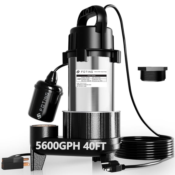 FOTING 1HP 5600GPH Submersible Sewage Pump, 40FT Lift, Auto/Manual, 2'' NPT Discharge